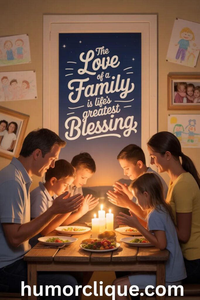 
"Warm Friday evening family scene with parents and children holding hands around dinner table in candlelight, featuring inspirational family blessing quote"
