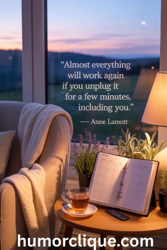 "Peaceful Friday evening scene with cozy reading chair by window overlooking tranquil landscape at twilight, tea and weekend planner visible, featuring inspirational quote about calm and rest"