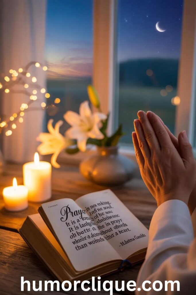 "Peaceful Friday night prayer scene with folded hands, open prayer book, candlelight, and starlit window, featuring inspirational quote about prayer and soul blessings"