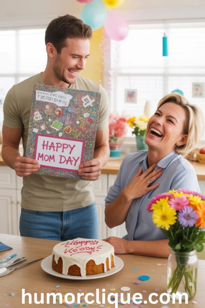A laughing mother sits at a bright kitchen island in tears of joy as her adult son proudly presents a hilariously over-decorated Mother's Day card and a gloriously lopsided homemade cake, both caught in a genuine burst of shared laughter — a colorful, real, and heartwarming image perfectly capturing the funny, loving bond between a son and his mom.

