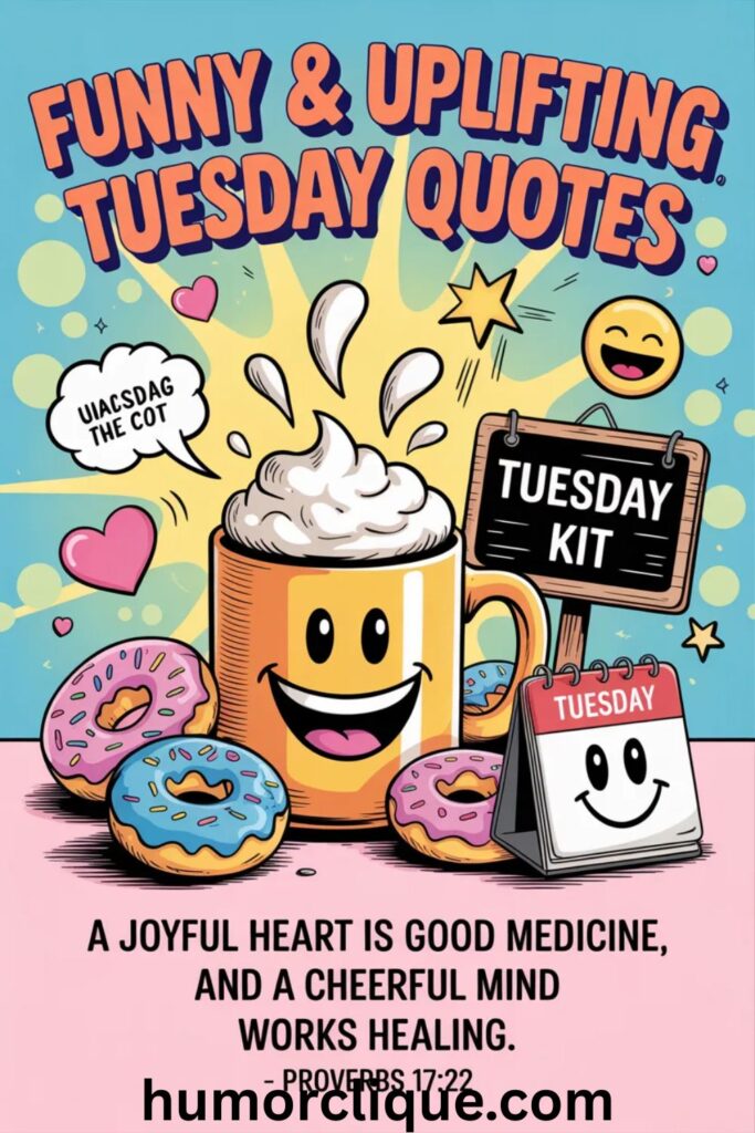 Funny and uplifting Tuesday quotes with Proverbs 17:22 joyful heart blessing and cheerful coffee humor imagery