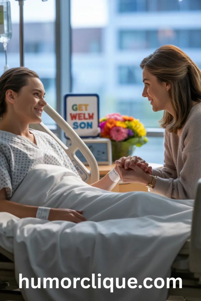 Get well wishes after surgery with patient in hospital bed holding colorful card and flowers from loved one