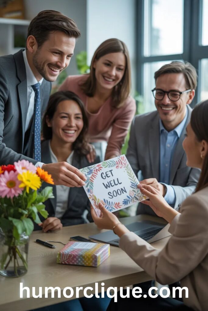 Get well wishes for coworker with team giving colorful card and flowers during supportive home visit