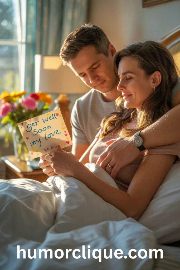 Get well wishes for husband or wife with loving spouse holding hand and colorful card in sunlit bedroom