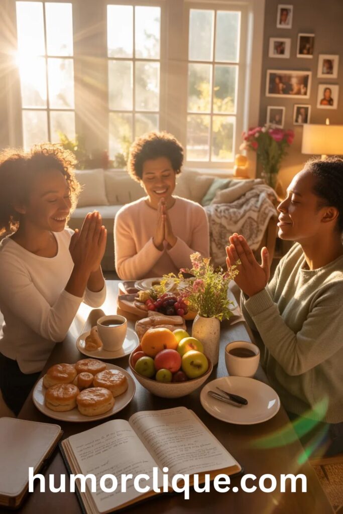 Joyful African American family in thanksgiving prayer on Friday morning with gratitude journal Bible and warm golden light