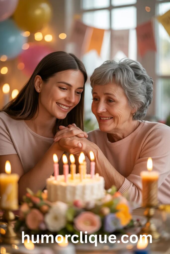 "A daughter holding her mother's hands across a candlelit birthday table, smiling with joy and love, celebrating mom's birthday with a white frosted cake and colorful flowers in the background."

