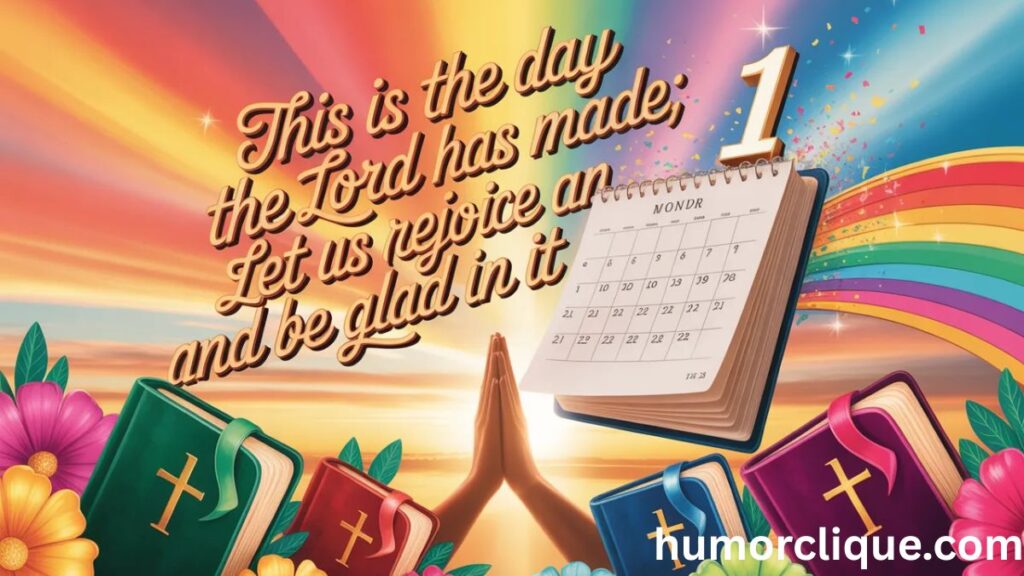 "Colorful vibrant calendar turning to new month with sunrise in coral orange pink and purple, golden Psalm 118:24 text floating in sky about rejoicing in God's day, praying hands with open Bibles flowers and celebratory elements representing 60+ powerful biblical prayers for new beginnings"