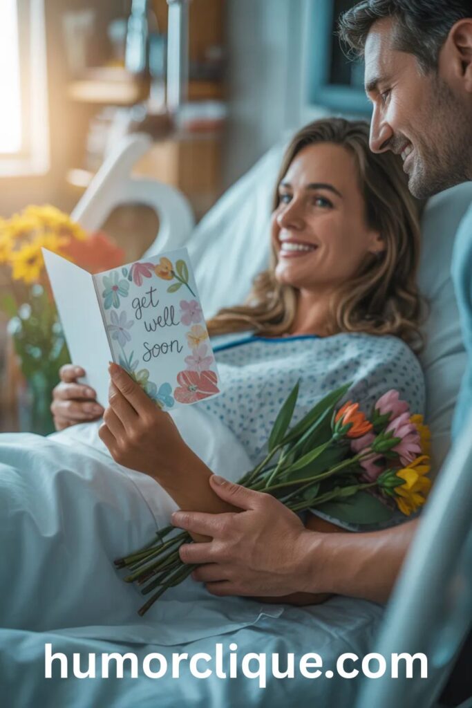 Heartfelt get well wishes card held by smiling patient in sunlit hospital room with colorful flowers and warm emotional atmosphere