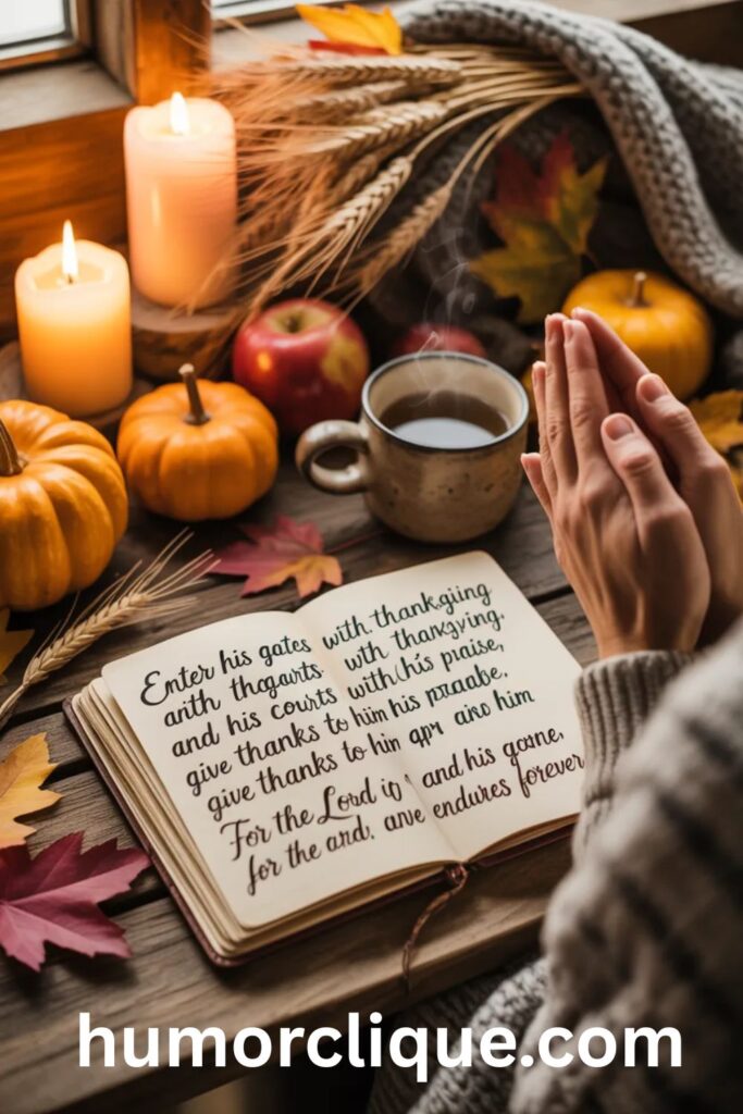 "Prayer journal with Psalm 100 thanksgiving verse surrounded by autumn harvest elements including pumpkins, wheat, and fall leaves in warm candlelight, representing heartfelt gratitude and thanksgiving prayers"