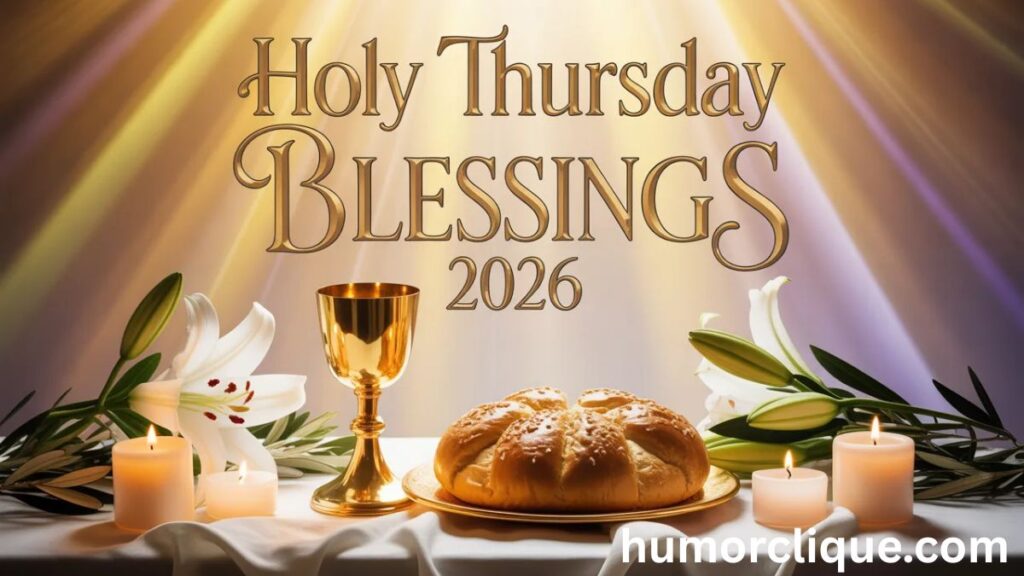 "Holy Thursday Blessings 2026 featured image for April 9th with golden chalice, communion bread, white lilies, glowing candles and divine light rays, including powerful prayers and spiritual wishes"