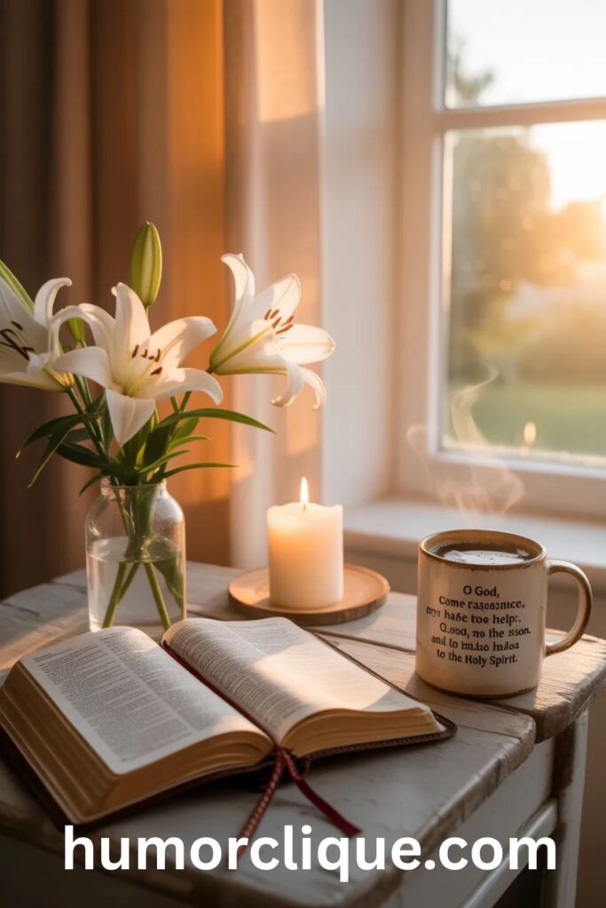 "Peaceful morning prayer scene with open Bible, lit candle, fresh flowers and sunrise light streaming through window for Holy Thursday morning devotions"