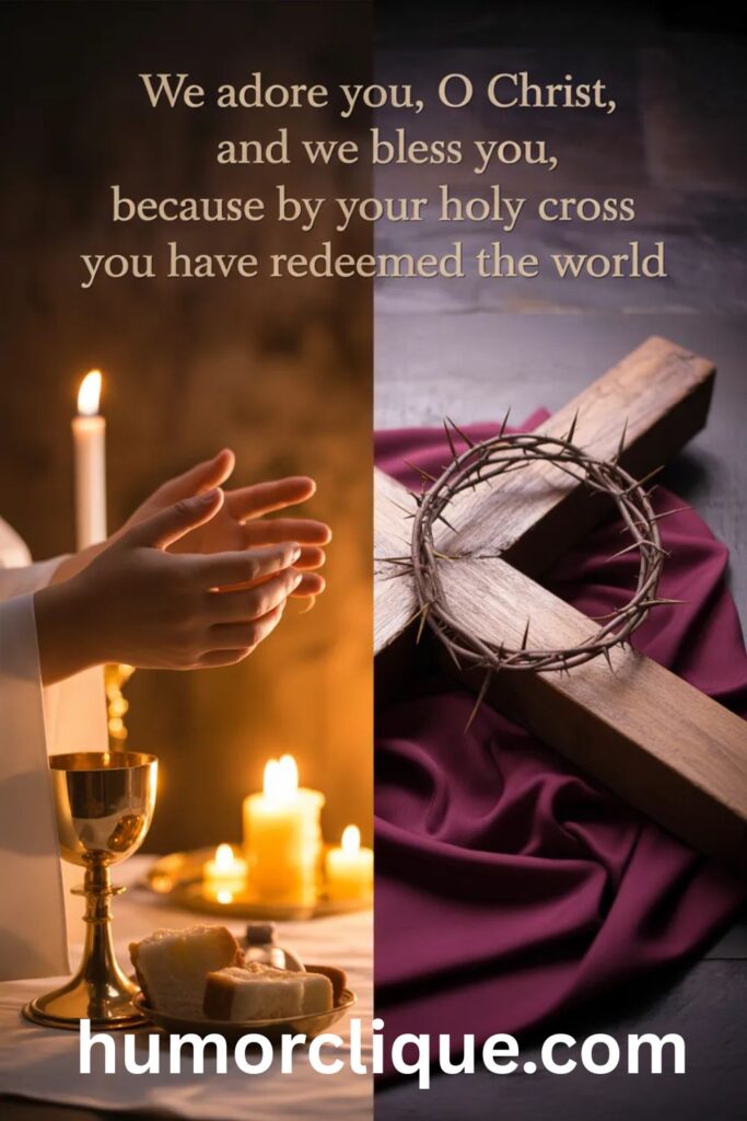 "Split image comparing Holy Thursday and Good Friday with chalice and bread in warm golden light on left side, wooden cross and crown of thorns in somber purple tones on right side"