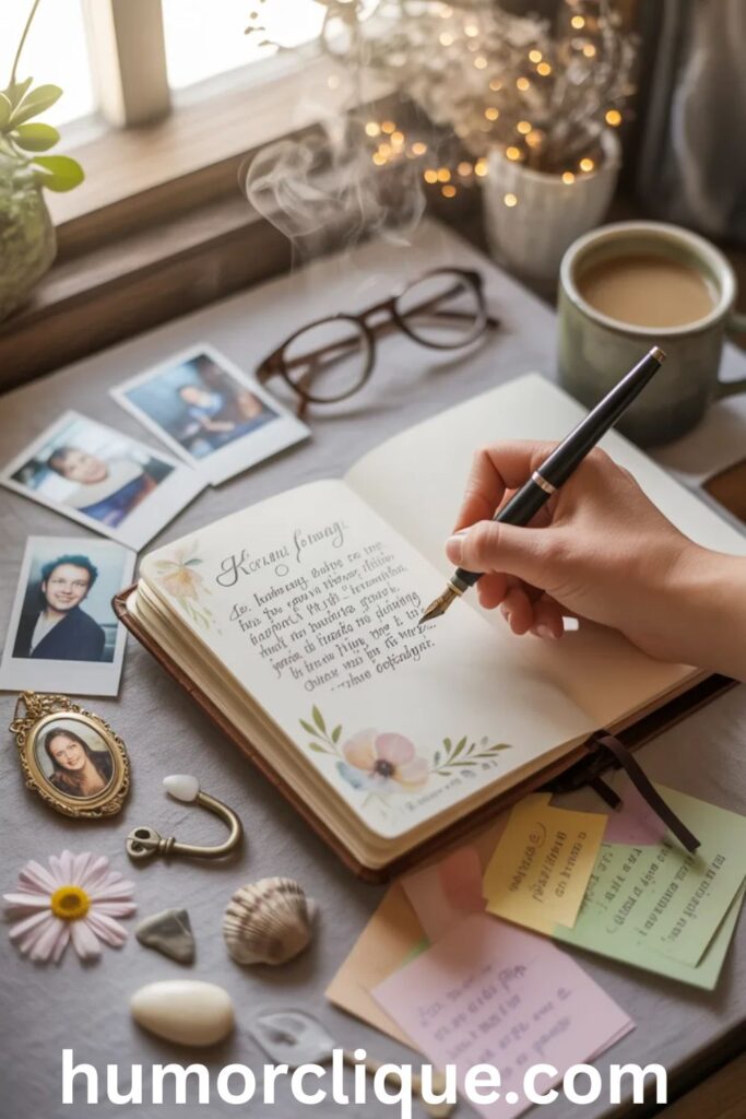 "Hands writing personalized blessings in an open journal with fountain pen, surrounded by family photos, pressed flowers, and meaningful mementos in warm morning light"