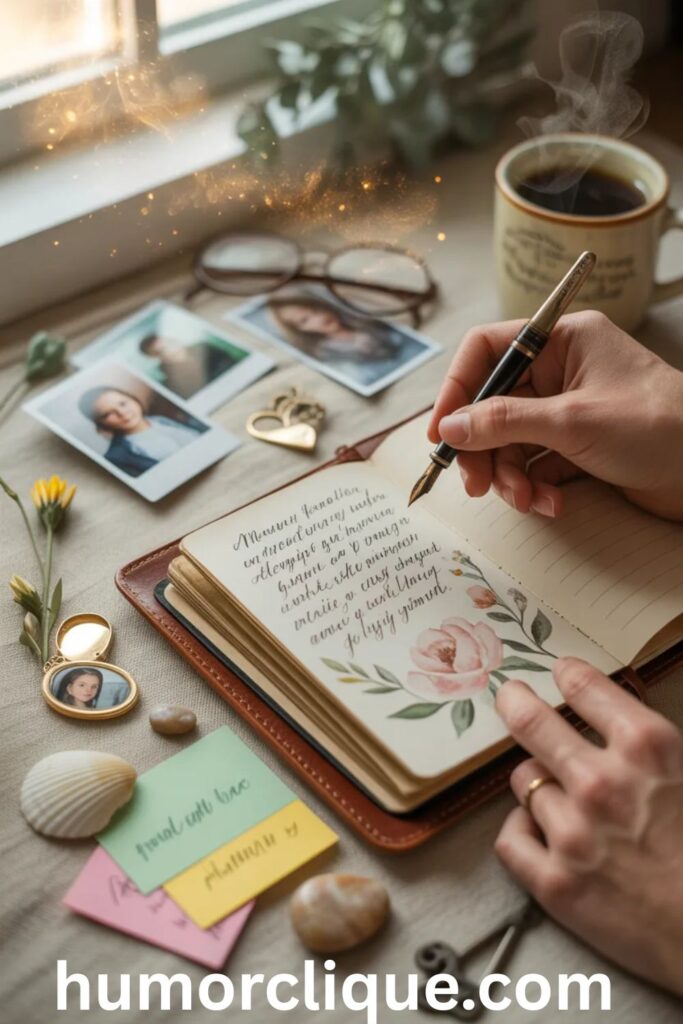 "Hands writing personalized blessings in an open journal with fountain pen, surrounded by family photos, pressed flowers, and meaningful mementos in warm morning light"