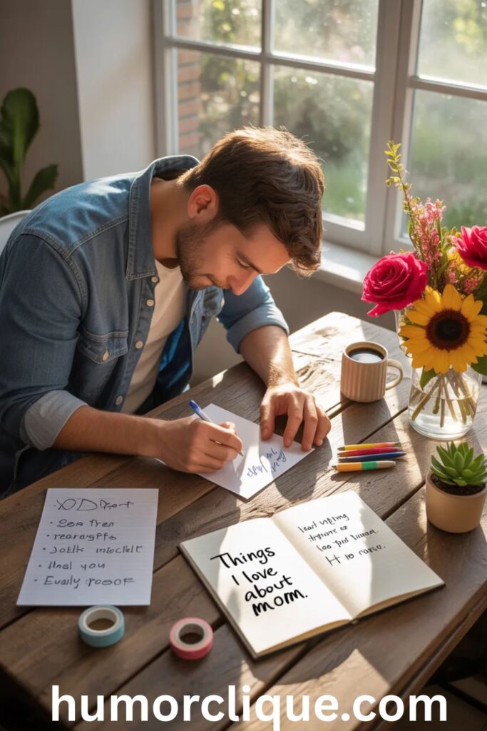 A focused adult son leans over a sunlit rustic desk, carefully writing a heartfelt Mother's Day message in a greeting card surrounded by vibrant roses, sunflowers, crumpled draft notes showing real effort, colorful pens, and a steaming coffee mug — a beautifully real and inspiring image of a son putting genuine thought, love, and intention into finding the perfect words for his mother.

