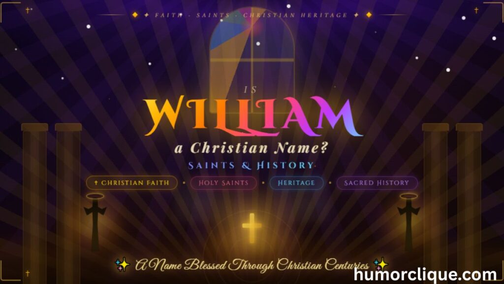 Is William a Christian name — two glowing saints inside a cathedral with stained glass window and golden cross, representing the deep Christian heritage, holy saints, and sacred history behind the name William
