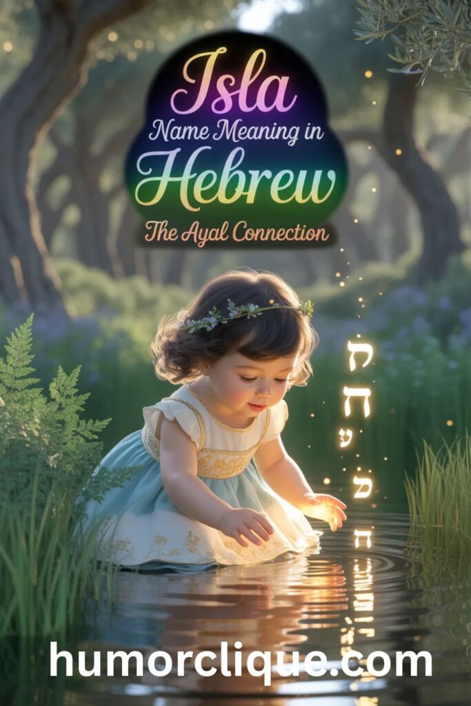 
"A beautiful little girl touching a glowing stream with floating Hebrew letters in a sunlit ancient forest, with colorful stylish text reading 'Isla Name Meaning in Hebrew: The Ayal Connection' — illustrating the deep Hebrew and spiritual roots of the name Isla."