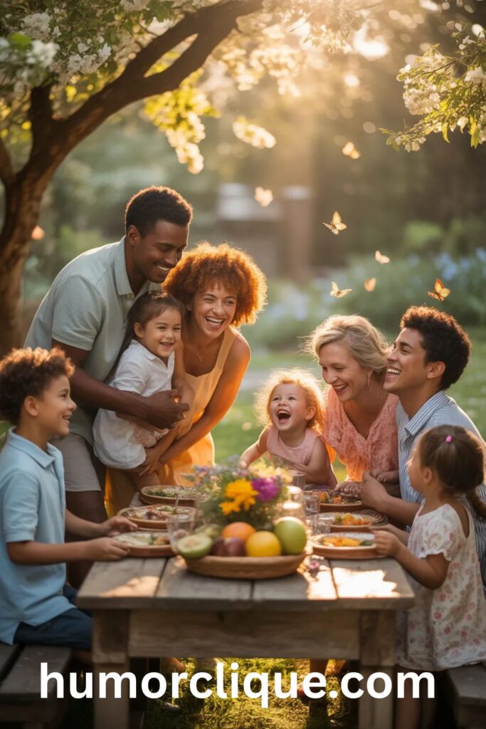 A multigenerational family celebrating together around a rustic table in a sunlit garden, with warm golden light filtering through flowering trees, children playing joyfully, and butterflies floating in the air, capturing authentic joy, gratitude, and the blessing of togetherness.
