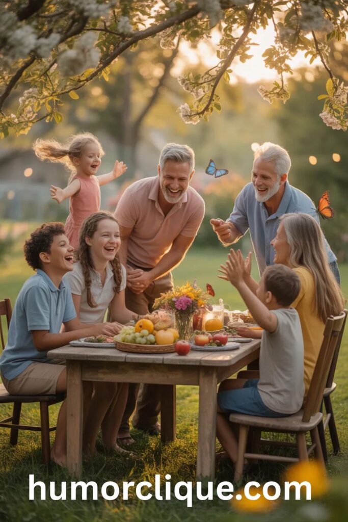 A multigenerational family celebrating together around a rustic table in a sunlit garden, with warm golden light filtering through flowering trees, children playing joyfully, and butterflies floating in the air, capturing authentic joy, gratitude, and the blessing of togetherness.