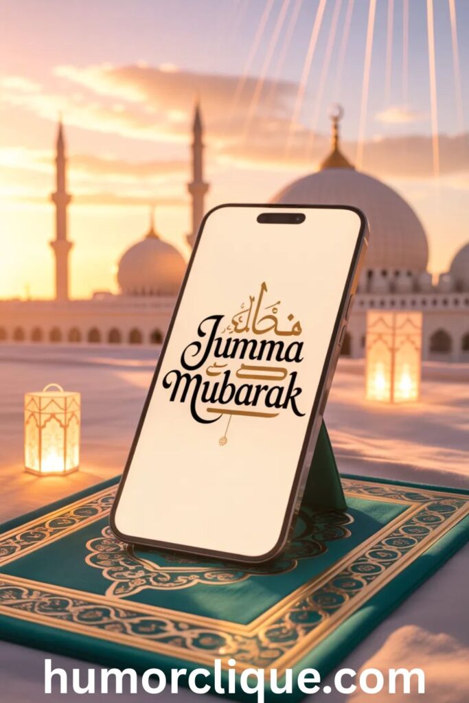 Jumma Mubarak WhatsApp status image with Islamic Friday blessings and mosque background