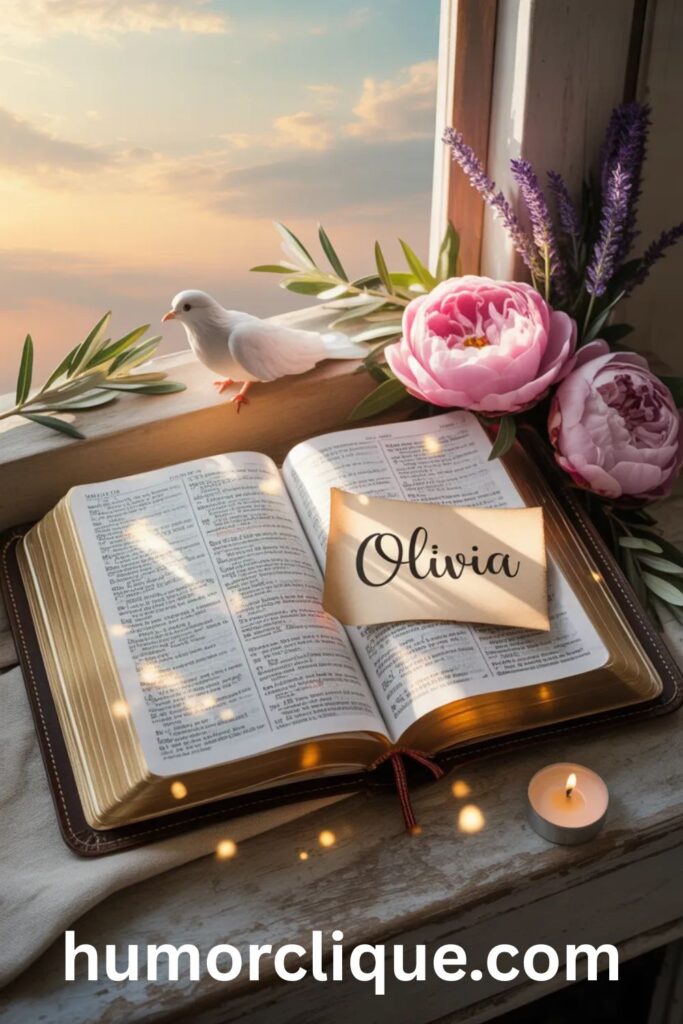 Realistic Bible with highlighted verses and colorful flowers representing Key Bible Verses for the name Olivia, evoking peace, love, and faith.