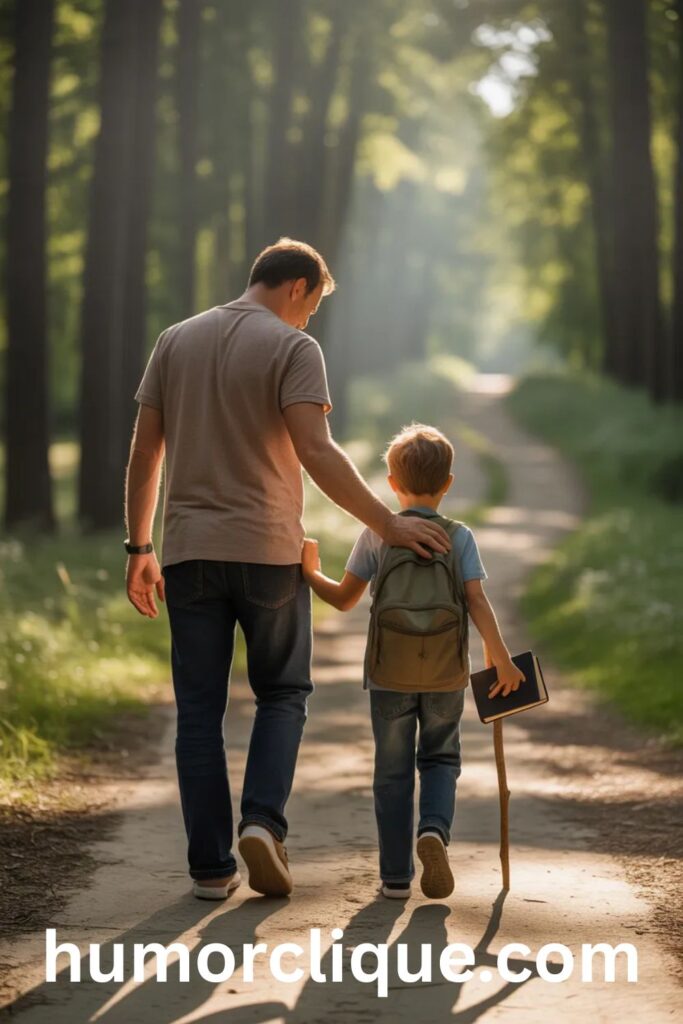 "Father and son walking forest path together with Bible, symbolizing living out Liam's biblical meaning through faith, protection, and generational legacy"