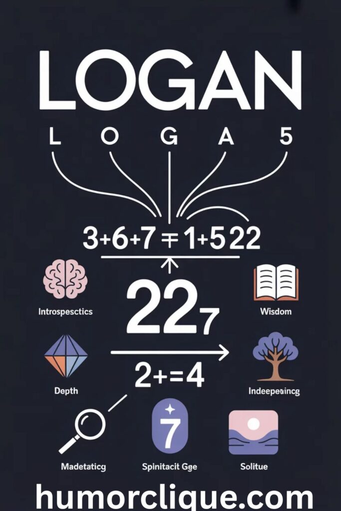 Numerology calculation infographic for the name Logan showing letter-to-number conversions resulting in the number 7, surrounded by icons representing introspection, wisdom, independence, and spiritual seeking
