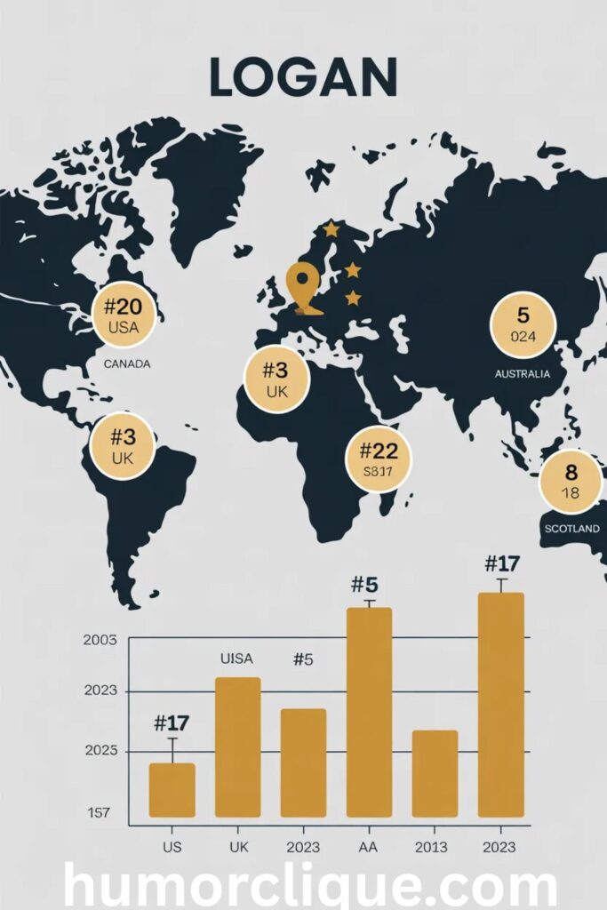 Data visualization infographic showing Logan's name popularity rankings across five English-speaking countries, with detailed statistics from 2005-2023 displaying consistent top-20 performance