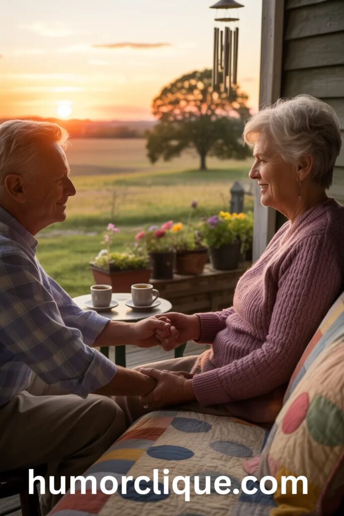 An elderly couple sitting together on a porch swing at sunset, holding hands with fingers intertwined, silhouetted against a golden sky overlooking peaceful countryside, with a shared quilt and coffee cups nearby, symbolizing enduring love, faithful companionship, and the blessing of a lifetime shared together.