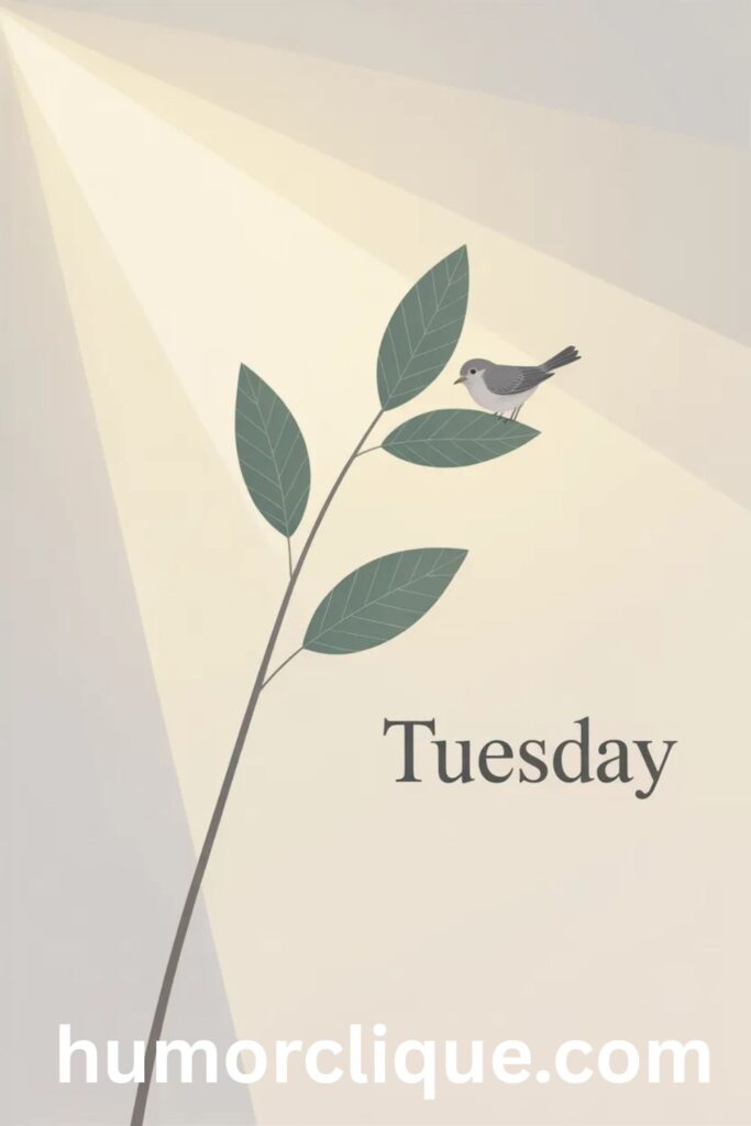 "Minimalist Tuesday design featuring single delicate branch with few leaves and small bird against soft muted background, clean geometric light rays, restrained color palette of whites, beiges, grays and sage green, abundant negative space, simple typography, Scandinavian-Zen aesthetic - inspired by Shaker blessing about simplicity"