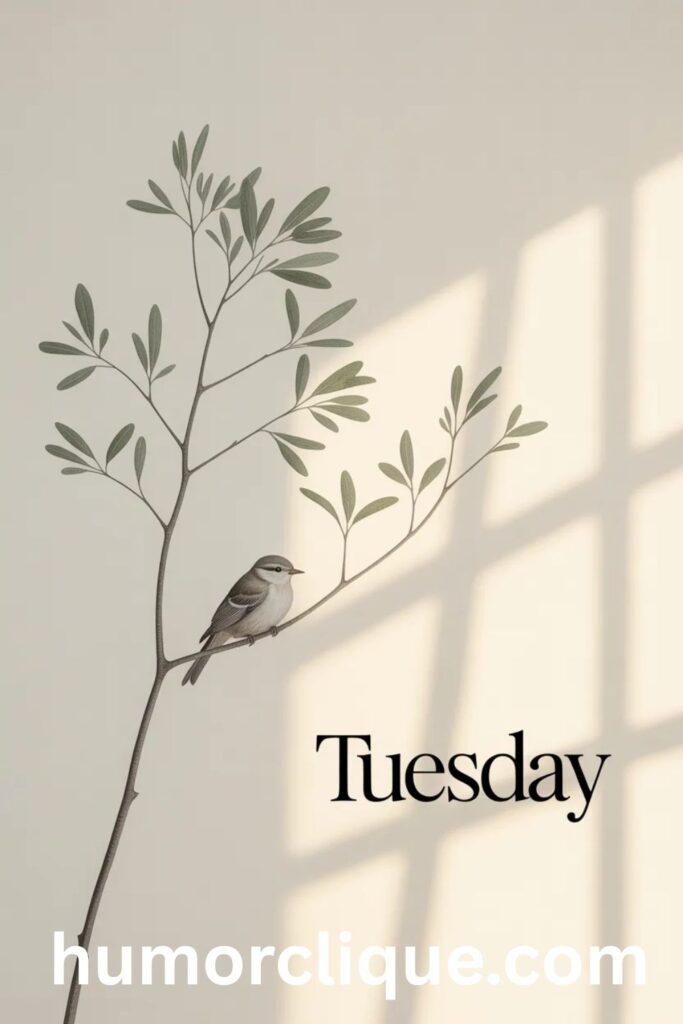 "Minimalist Tuesday design featuring single delicate branch with few leaves and small bird against soft muted background, clean geometric light rays, restrained color palette of whites, beiges, grays and sage green, abundant negative space, simple typography, Scandinavian-Zen aesthetic - inspired by Shaker blessing about simplicity"