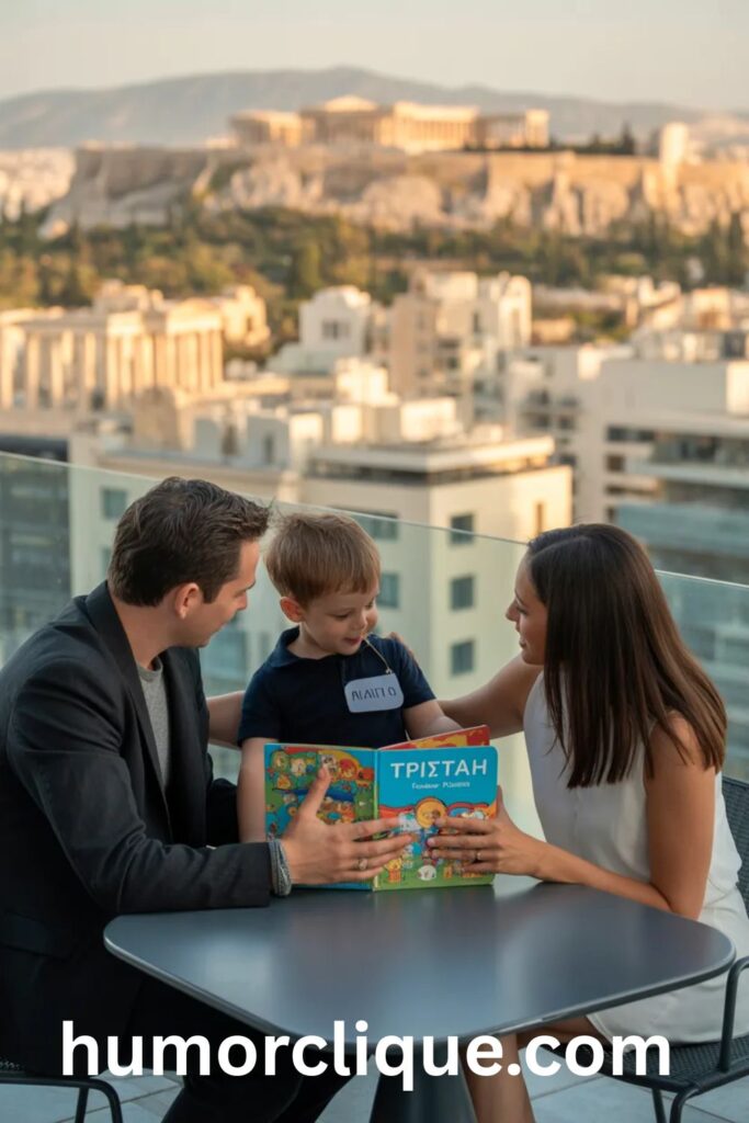Modern Greek family in Athens representing contemporary cosmopolitan parents choosing international names like Tristan"