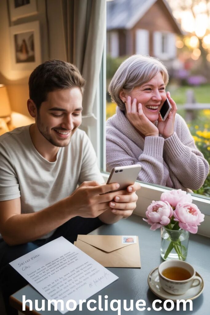 An adult child smiles through happy tears during a Mother's Day video call with their elderly mother who sits by a sunlit window far away, a handwritten letter and fresh pink peonies nearby — a beautifully real and emotional image capturing the unbreakable bond between a parent and child separated by distance but forever connected by love.

