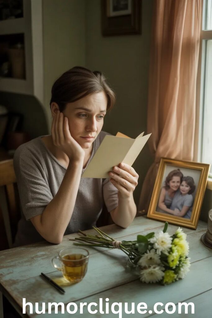 An adult child sits alone at a weathered wooden table in warm afternoon light, holding an unsigned Mother's Day card with a beautifully complex expression of love, hesitation, and quiet courage — a childhood photo of them with their mother softly blurred in the background, capturing the deeply human experience of navigating a complicated relationship with honesty, vulnerability, and hope.

