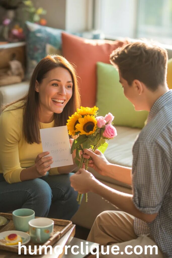 A joyful single mother receives a handwritten Mother's Day card and a bright bouquet of sunflowers from her loving son in a warm, sunlit home, her eyes filled with happy tears as they share a heartfelt and celebratory moment together.

