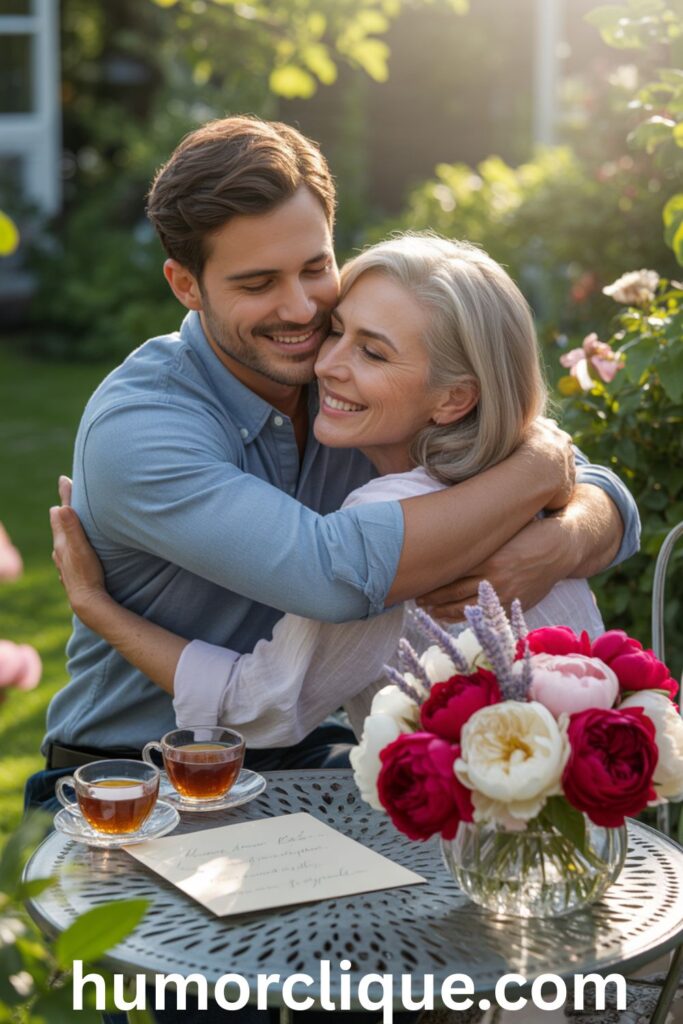 A broad-shouldered adult son wraps his mother in a long, heartfelt embrace on a sun-drenched garden patio, her eyes closed in pure joy and his expression deeply peaceful and unguarded, surrounded by lush green foliage, blooming red roses and white peonies, an open heartfelt card, and two cups of morning tea — a strikingly real and emotionally rich image perfectly capturing the deep, mature, and quietly powerful love between a grown son and his cherished mother on Mother's Day.

