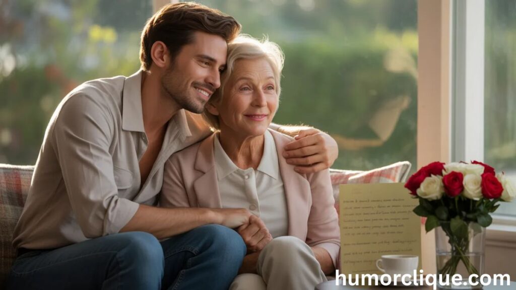 A mature adult son tenderly wraps his arm around his elderly mother on a sun-drenched sofa, both sharing a rare, heartfelt moment of connection on Mother's Day, with a handwritten card and fresh roses resting nearby — a powerful image of grown sons expressing love they struggle to put into words.
