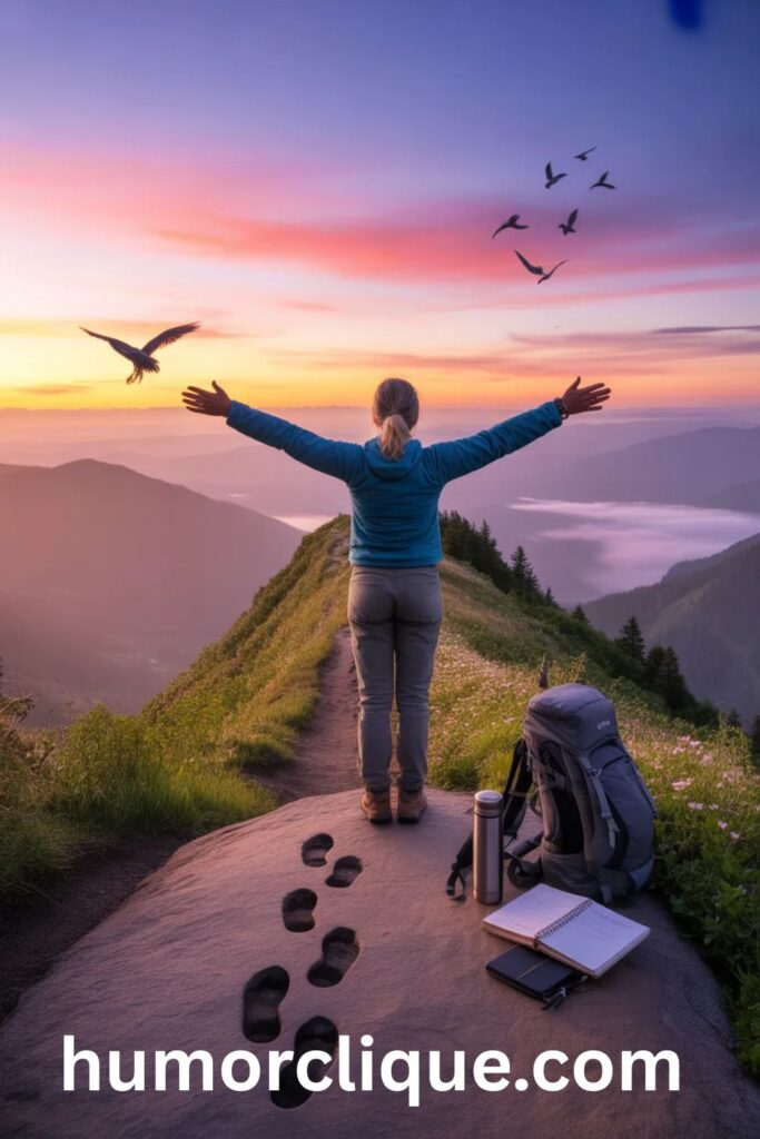 A person standing with arms outstretched at a mountain overlook at sunrise, backpack nearby, facing brilliant golden light breaking over peaks with misty valleys below and an open trail ahead, symbolizing weekend renewal, fresh possibilities, and the motivational blessing of new beginnings.