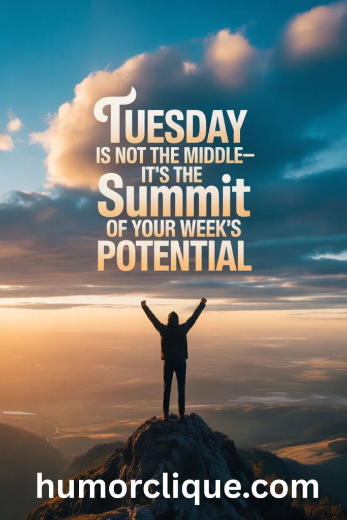 Motivational Tuesday blessing with mountain summit and achievement quote