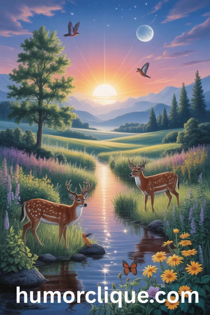 "Serene Tuesday morning landscape showing harmonious nature scene with golden sunrise, flowing crystal stream, wildflowers in bloom, ancient trees, morning dew sparkling on leaves, birds soaring in sky, and gentle wind rustling through meadow - inspired by St. Francis of Assisi's Canticle of the Creatures blessing"