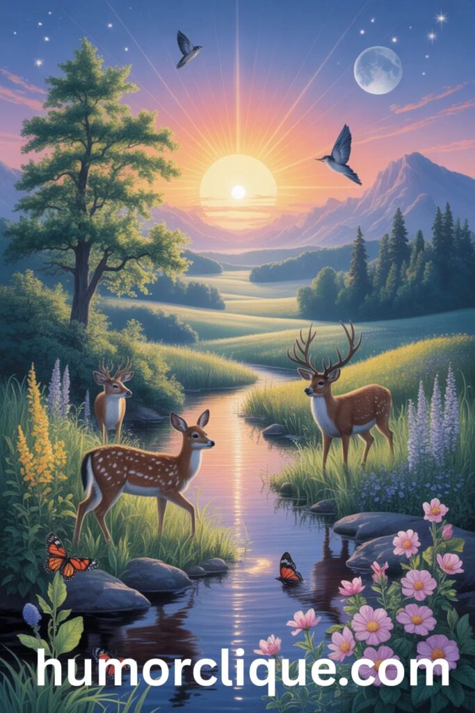 "Serene Tuesday morning landscape showing harmonious nature scene with golden sunrise, flowing crystal stream, wildflowers in bloom, ancient trees, morning dew sparkling on leaves, birds soaring in sky, and gentle wind rustling through meadow - inspired by St. Francis of Assisi's Canticle of the Creatures blessing"
