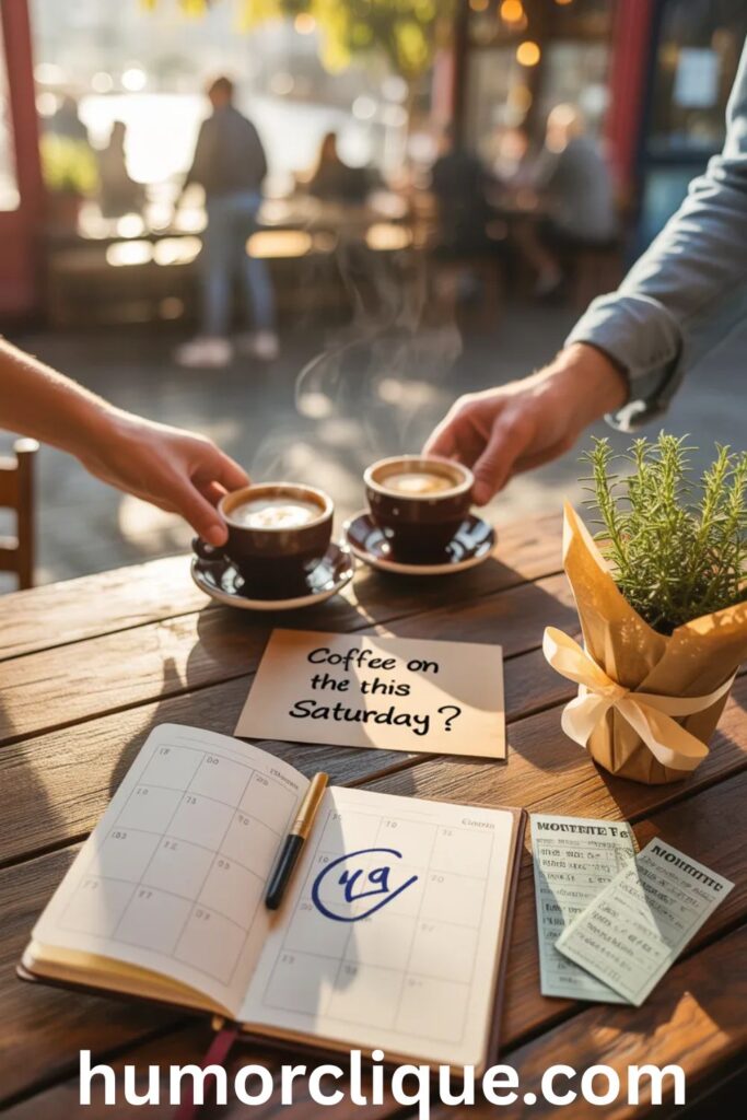 "Hands placing two coffee cups on a café table with a handwritten note reading 'Coffee on me this Saturday?', alongside an open planner with a circled date, movie tickets, and a small potted herb plant"