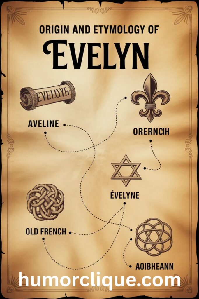  Historical map showing the multicultural origins of the name Evelyn from Germanic, French, Irish, and Hebrew roots
