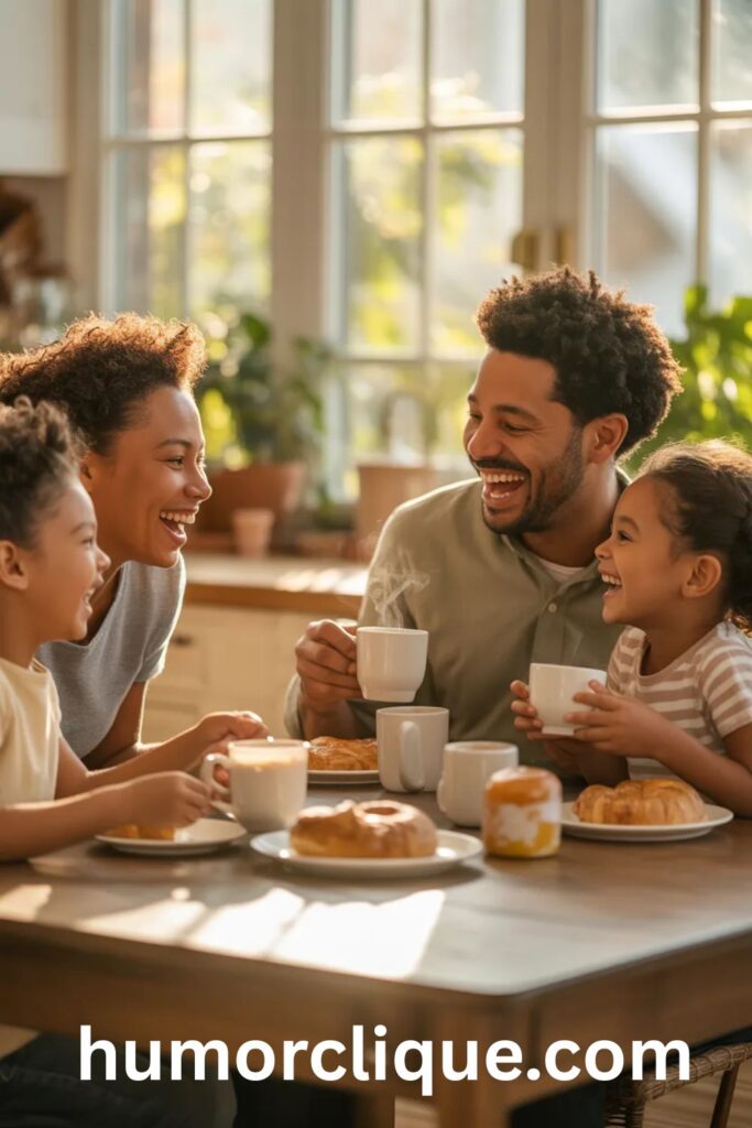 "Happy African American family sharing a joyful breakfast together in warm morning sunlight, embodying the positive energy and gratitude expressed in uplifting good morning quotes"