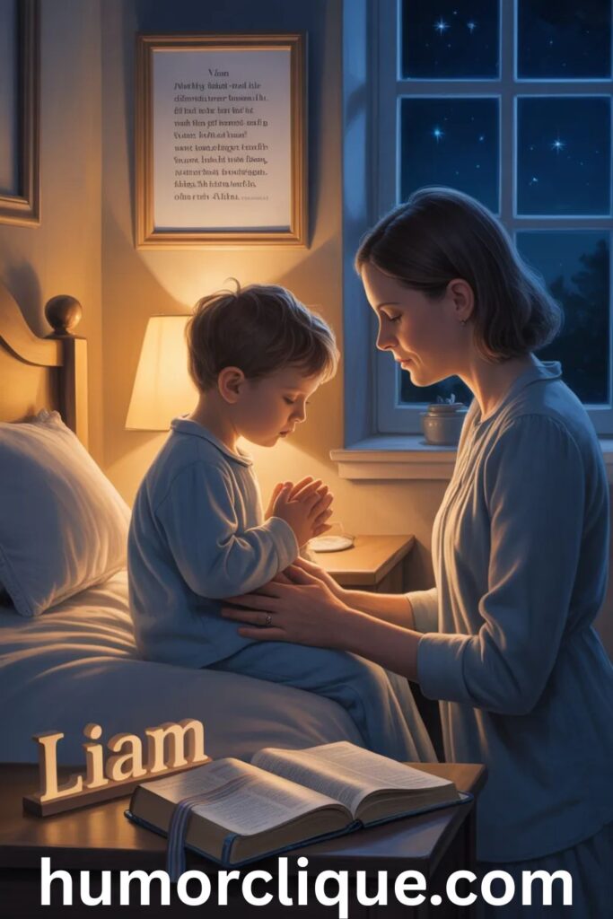 "Mother praying over young son Liam at bedtime with open Bible, illustrating the power of speaking biblical blessings and Scripture over your child"