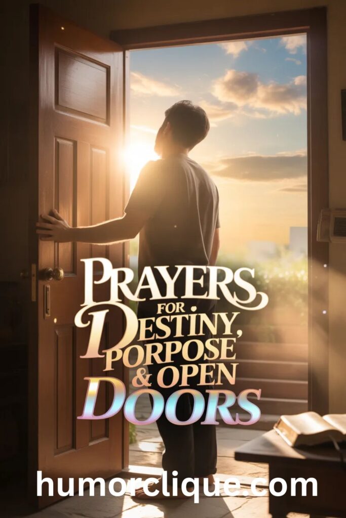 Young man standing at open door at sunrise praying for destiny and purpose, symbolizing new opportunities and open doors.