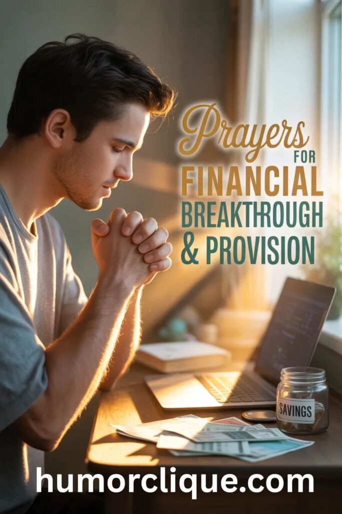 Young man praying over bills at sunrise with open Bible, symbolizing faith for financial breakthrough and divine provision.