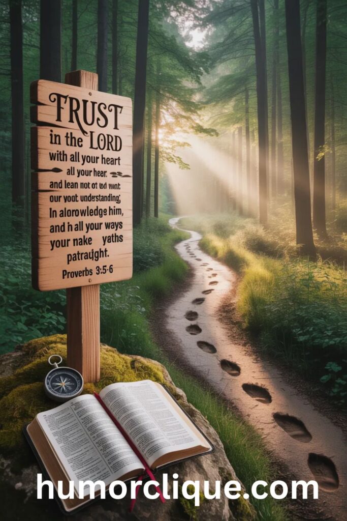 "Forest crossroads with wooden signpost displaying Proverbs 3:5-6 about trusting God for direction, illuminated by golden sunlight through trees with compass and Bible, symbolizing prayers for divine guidance and life direction"