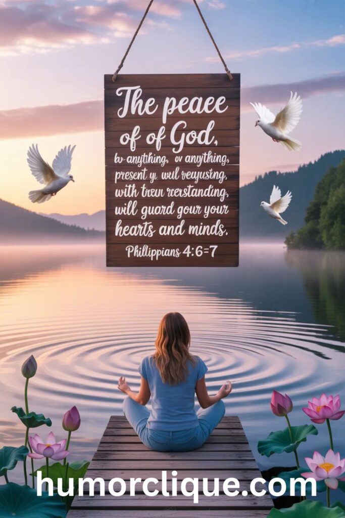 "Woman meditating peacefully on lake dock at sunrise with still waters reflecting pastel sky, floating sign displaying Philippians 4:6-7 about God's transcendent peace, lotus flowers and doves symbolizing prayers for peace and emotional wellbeing"