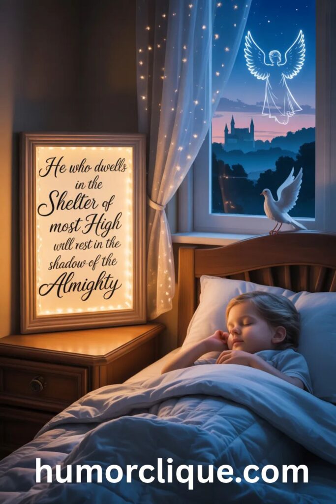 "Peaceful bedroom with sleeping child, nightstand displaying Psalm 91 protection verse in elegant frame, angel silhouette in window glow and dove on windowsill, representing divine protection and safety prayers with fortress imagery in background"